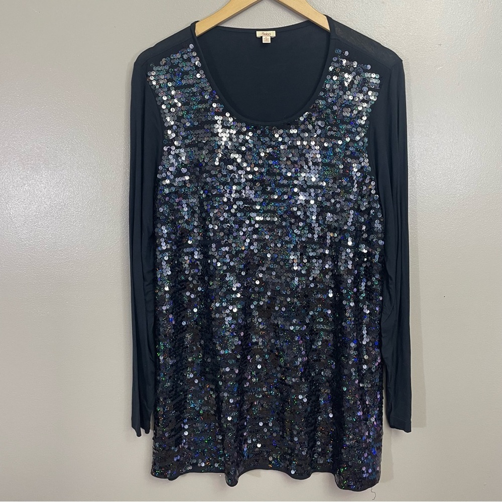 Reba women’s size Large Black Sequined Shirt top blue shimmer formal whimsigoth